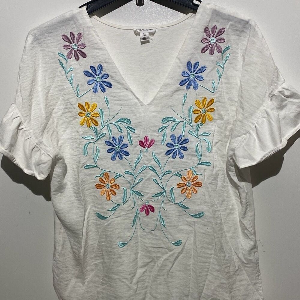Tribal Jeans White Embroidered Floral V-Neck‎ Flounce Short Sleeve Blouse Small